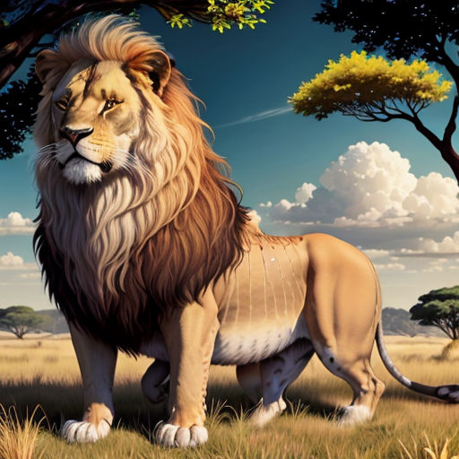 a lion standing in the grass under a tree with clouds in the background and a blue sky with clouds