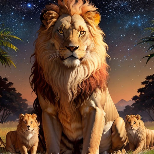 a painting of a lion and two cubs sitting in the grass under a night sky with stars and the moon