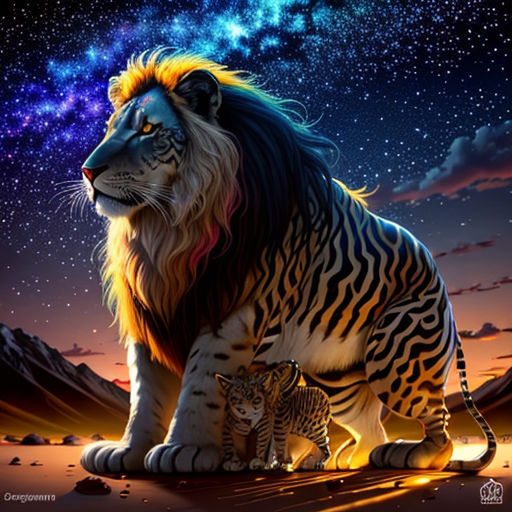 a lion and a cub sitting on a desert floor under a night sky with stars and the milky in the background