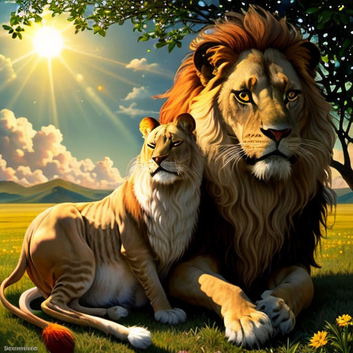 a painting of two lions sitting in the grass under a tree with a sunset behind them and a bird flying above