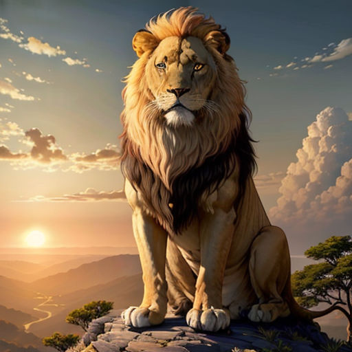 a lion sitting on top of a rock in the middle of a sunset sky with clouds and trees in the background