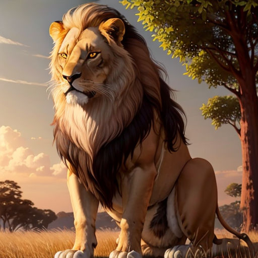 a lion sitting in the grass next to a tree and a sky background with clouds and trees in the background