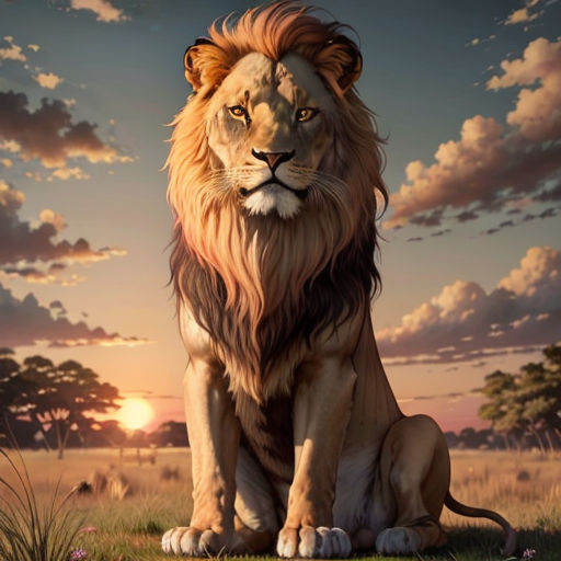 a lion sitting in the grass with the sun setting behind it and clouds in the sky above it,