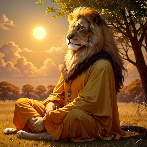 a lion sitting in a field with a tree in the background and a sun in the sky above it