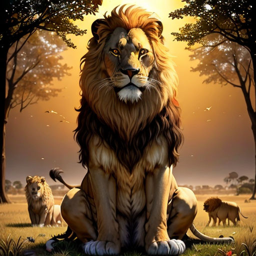 a lion sitting in the grass with other animals around it in the background of a sunset sky and trees