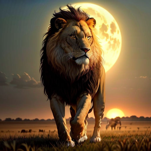 a lion walking across a grass covered field under a full moon filled sky with cattle grazing in the distance