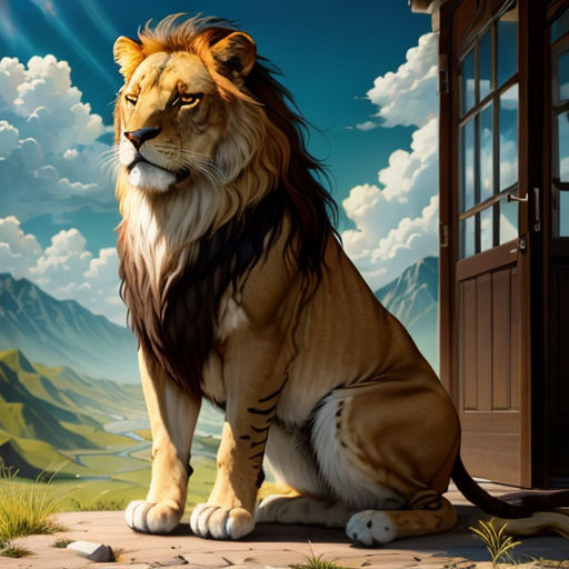 a lion sitting in front of a door with a mountain background and clouds in the sky behind it,
