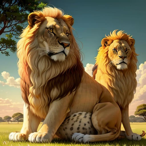 two lions sitting on top of a lush green field next to a tree and a sky background with clouds