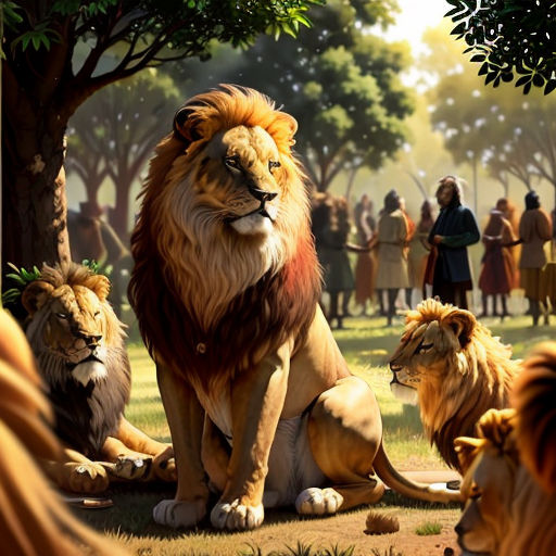 a painting of lions sitting in the grass with people in the background watching them from behind a tree and a man standing in the distance