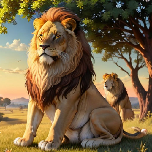 a lion and a lioness sitting in the grass under a tree in a field with a sunset in the background