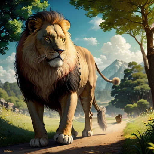 a lion walking down a dirt road next to a forest filled with trees and flowers on a sunny day