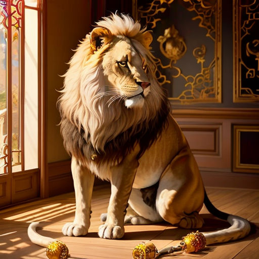 a lion sitting on the floor next to a window with a candy ball in front of it and a candy ball in the foreground