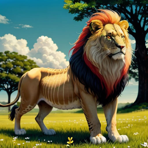 a lion standing in a field with trees in the background and clouds in the sky above it, with a tree and grass in the foreground
