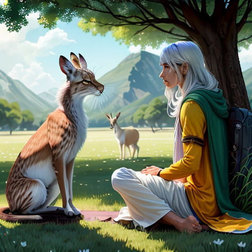 a painting of a man sitting next to a rabbit on a field of grass with a deer in the background