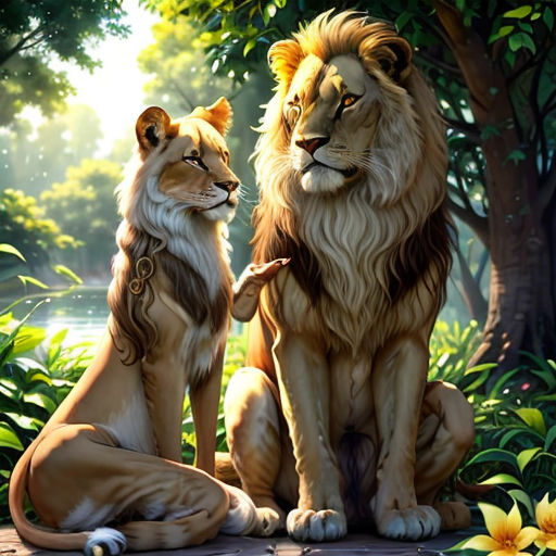 a painting of two lions sitting next to each other on a wooden floor in a forest with flowers and trees