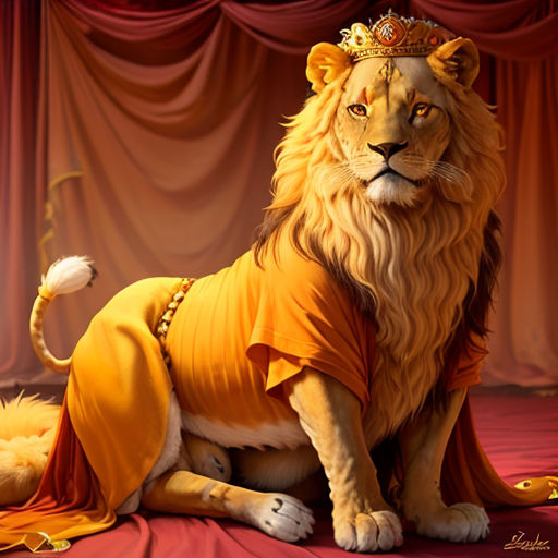 a lion in a golden outfit sitting on a red carpet with a red curtain behind it and a gold crown on its head