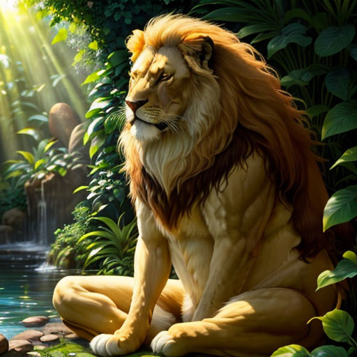 a lion sitting on a rock in the jungle with a stream of water behind it and a waterfall in the background