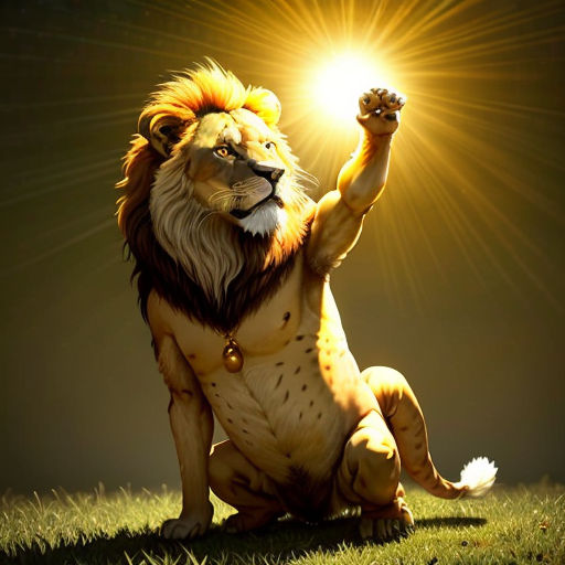 a lion sitting on the ground with its paws up in the air and its eyes open, with the sun shining behind it