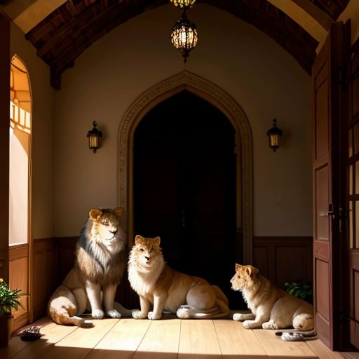 three dogs sitting on a wooden floor in a room with a doorway and a chandelier above them