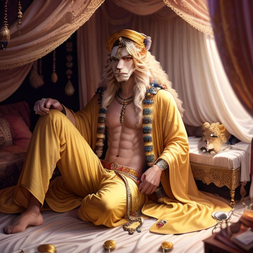 a man in a yellow outfit sitting on a bed with a monkey on his head and a teddy bear on the floor