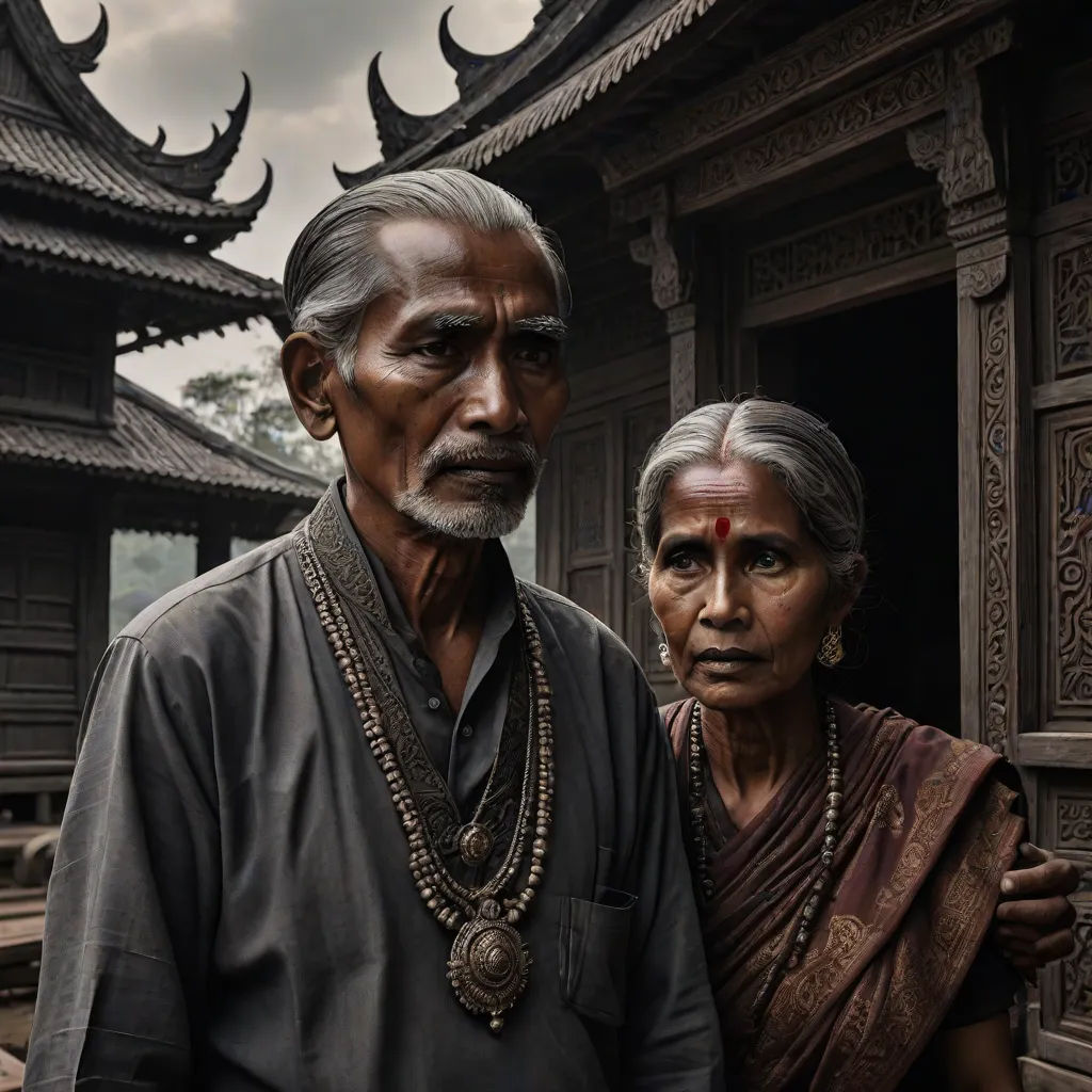 a man and woman standing in front of a building with a sky background and clouds in the background,, a photorealistic painting, Bikash Bhattacharjee, photorealism, highly detailed digital painting