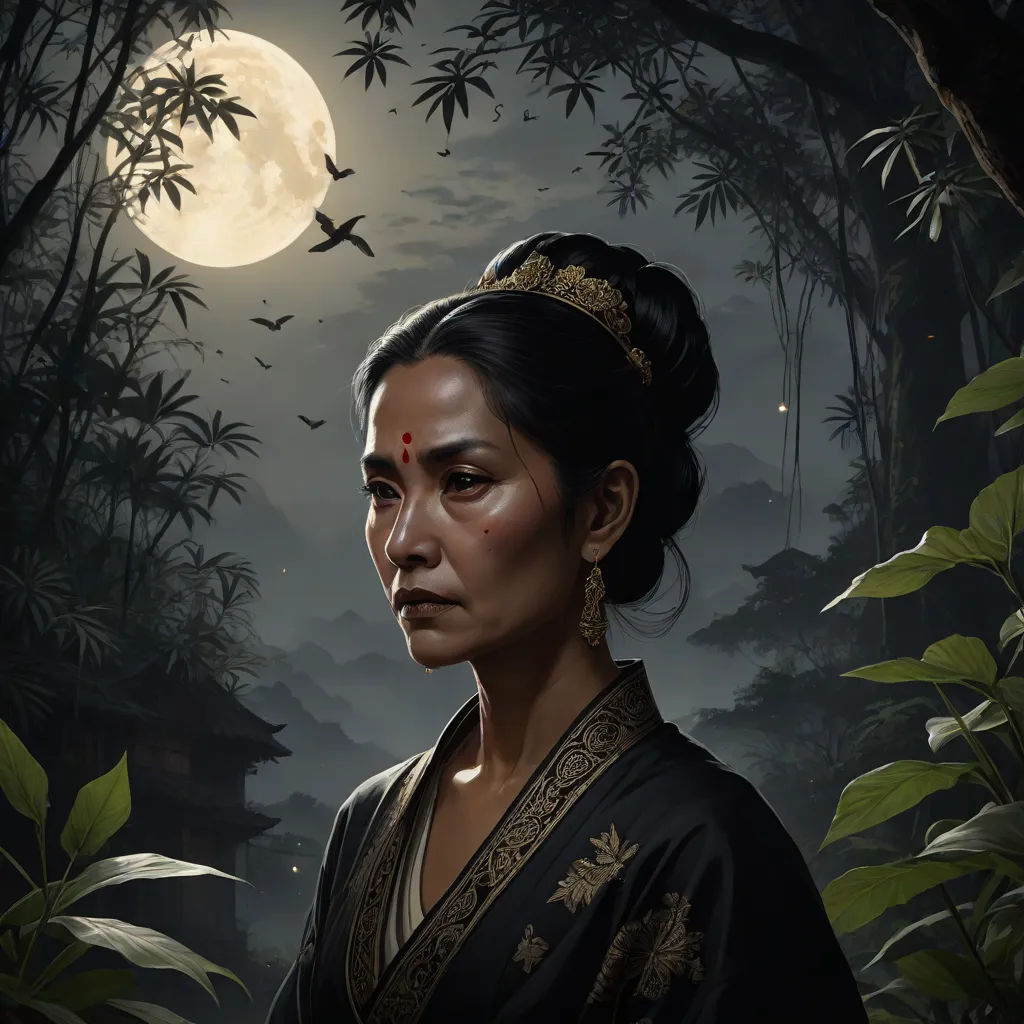 a woman in a black dress standing in front of a full moon and trees with a bird flying overhead, a character portrait, Cynthia Sheppard, sots art, art greg rutkowski