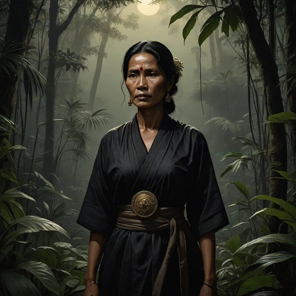 a woman in a black dress standing in a forest with a full moon in the background and trees and foliage, a detailed matte painting, David Palumbo, sumatraism, highly detailed digital painting