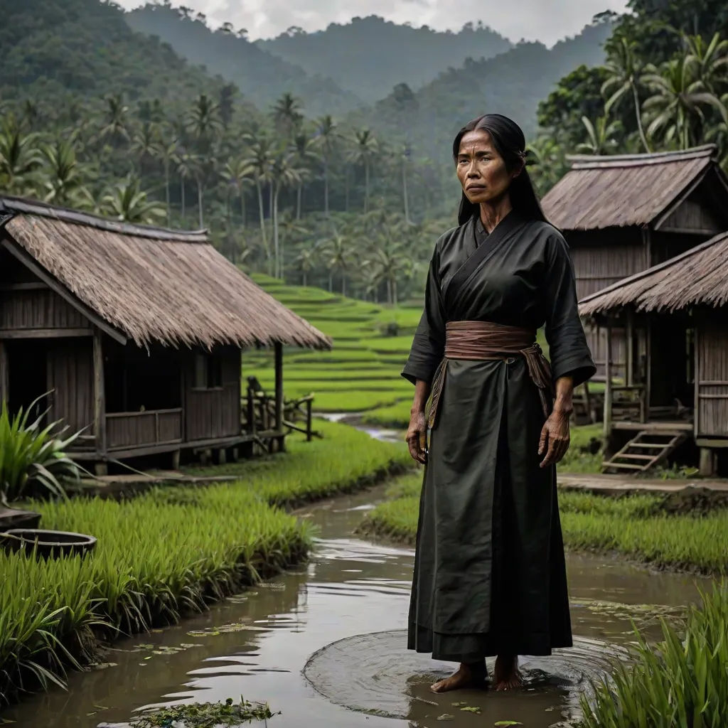 a woman standing in a river in front of a rice field with huts on the side of it and a mountain in the background, a detailed matte painting, Fang Congyi, sumatraism, cinematic photography