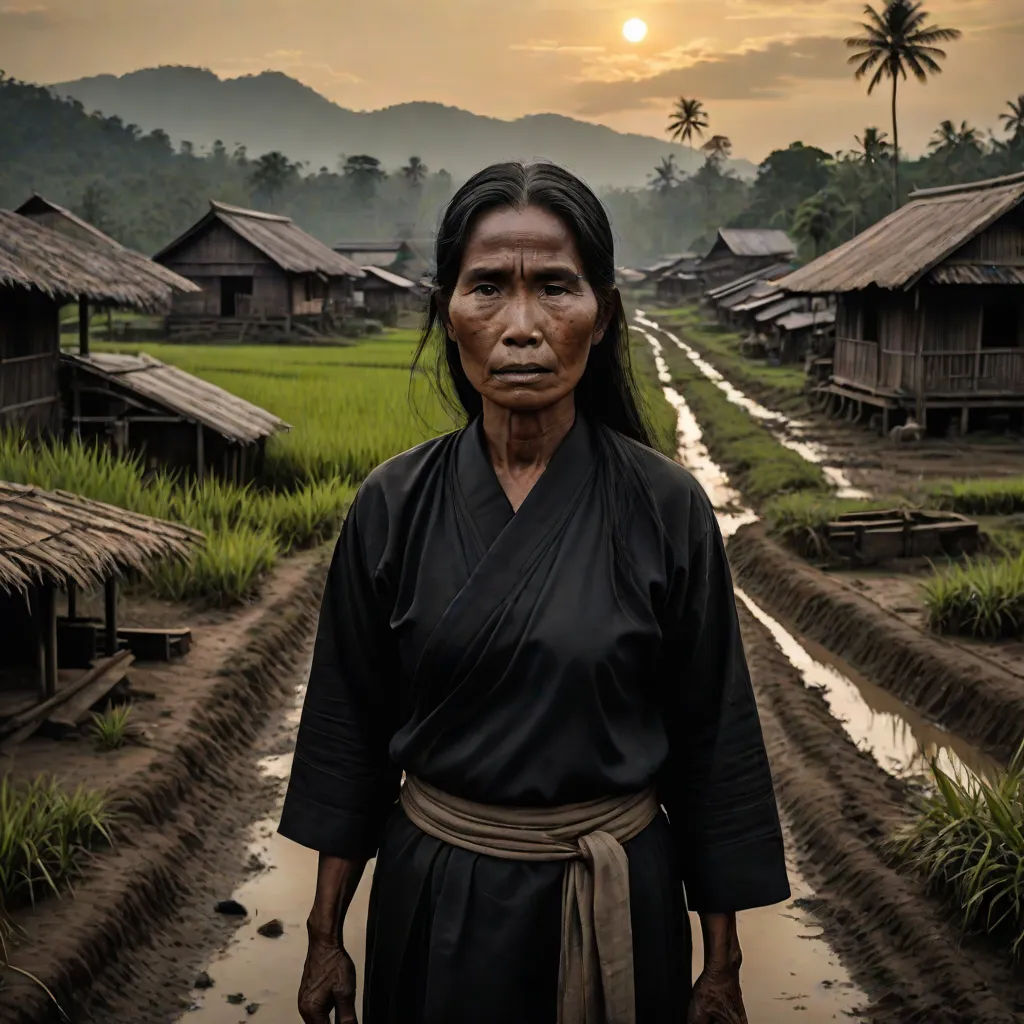 a woman standing in a rice field with a village in the background at sunset with a sun setting behind her, a character portrait, Dorothea Braby, sumatraism, award - winning photography