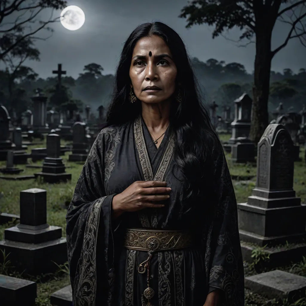 a woman in a black dress standing in a cemetery at night with a full moon in the background and trees, a character portrait, Betye Saar, gothic art, promotional image