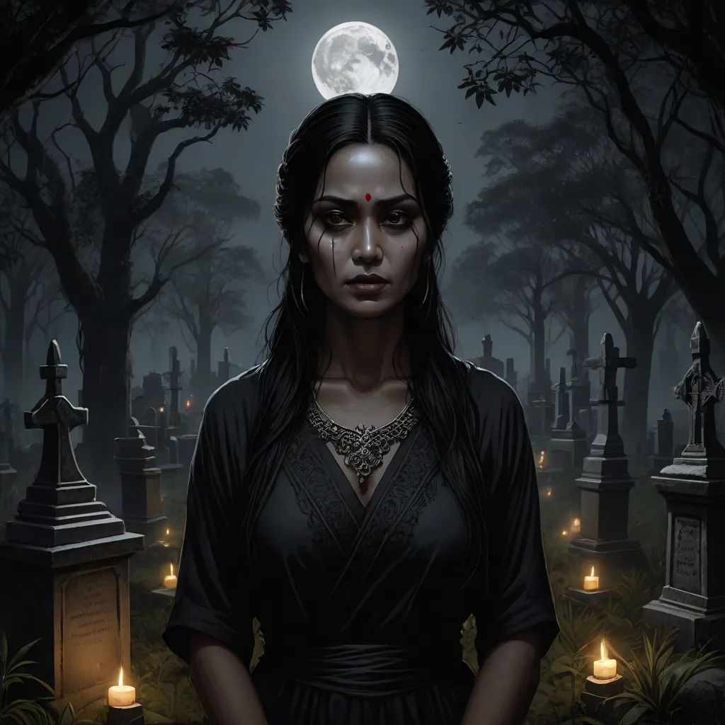 a woman standing in a cemetery with a full moon in the background and candles lit up all around her, concept art, Bastien L. Deharme, gothic art, art greg rutkowski