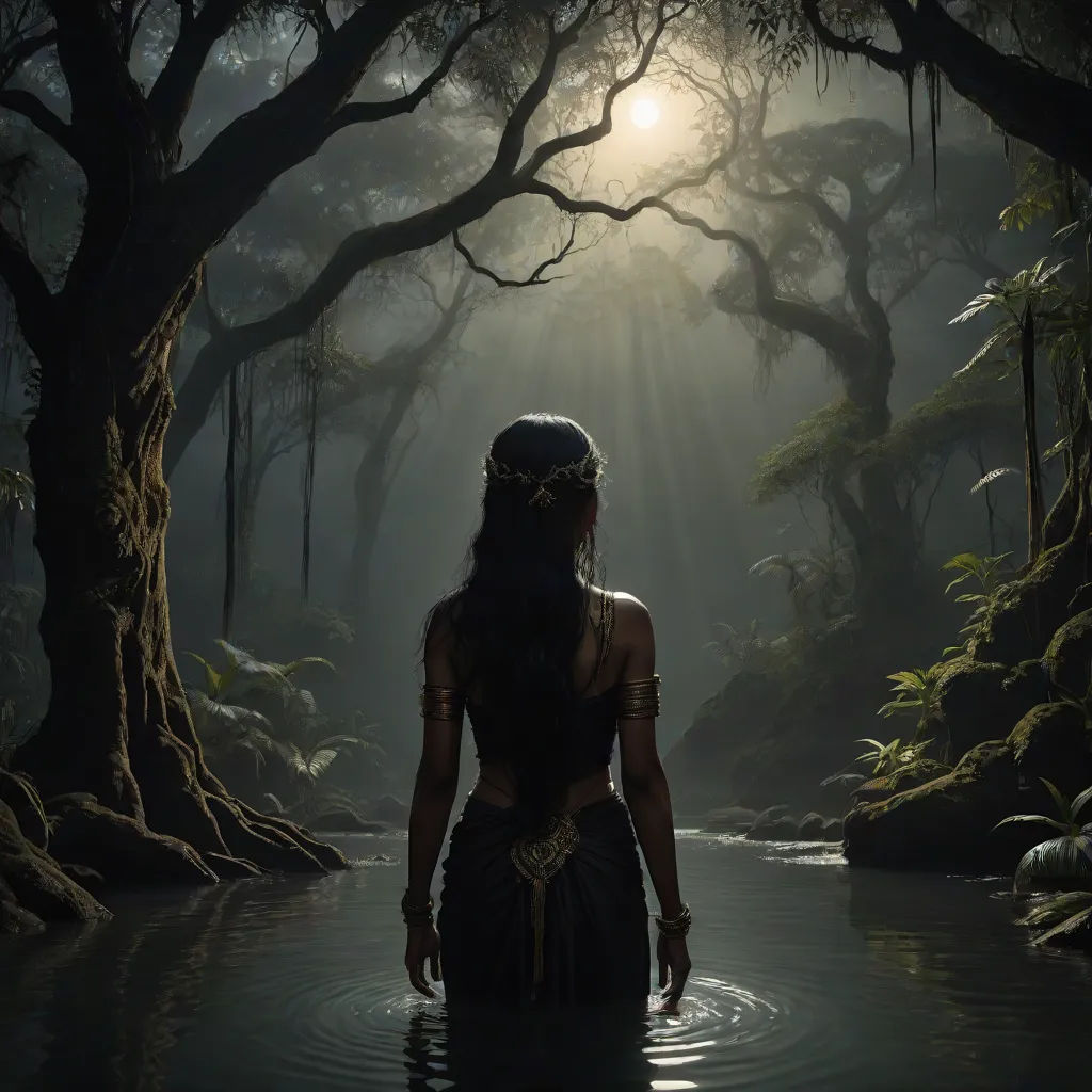 a woman in a dark forest with a sunbeam in the background and a stream running through the woods, a detailed matte painting, Dirk Crabeth, fantasy art, cinematic matte painting