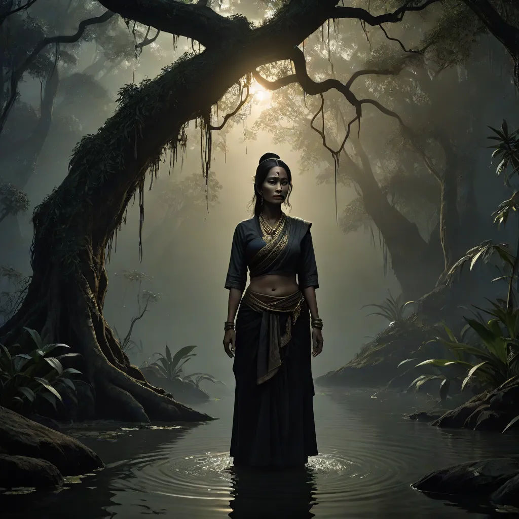 a woman standing in a river in a forest with a tree in the background and a sun shining through the branches, a detailed matte painting, Fang Congyi, fantasy art, cinematic matte painting