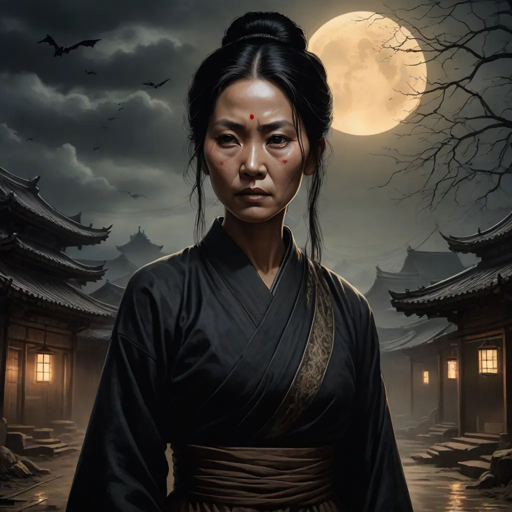 a woman in a kimono standing in front of a full moon with bats flying overhead and a full moon in the background, a character portrait, Bastien Lecouffe-Deharme, fantasy art, art greg rutkowski