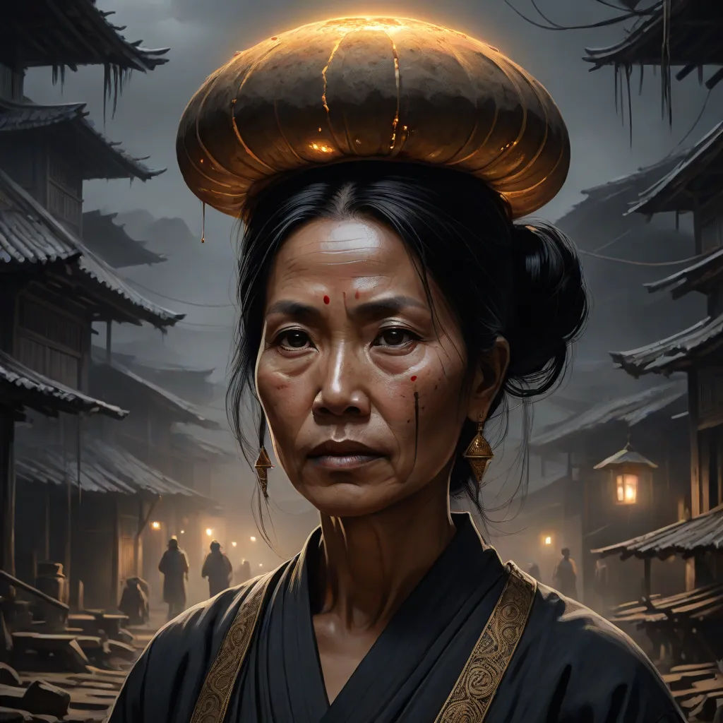 a woman with a large hat on her head in a dark alley with lanterns on her head and a man in the background, a character portrait, Bastien Lecouffe-Deharme, fantasy art, art greg rutkowski