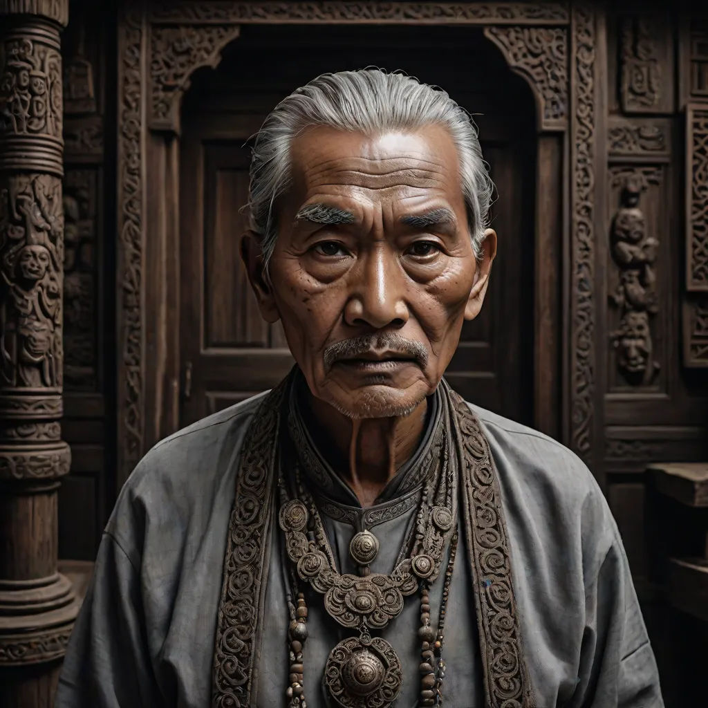a man with a necklace and a necklace around his neck and a wooden door behind him with carved carvings, a photorealistic painting, Fang Congyi, photorealism, highly detailed digital painting