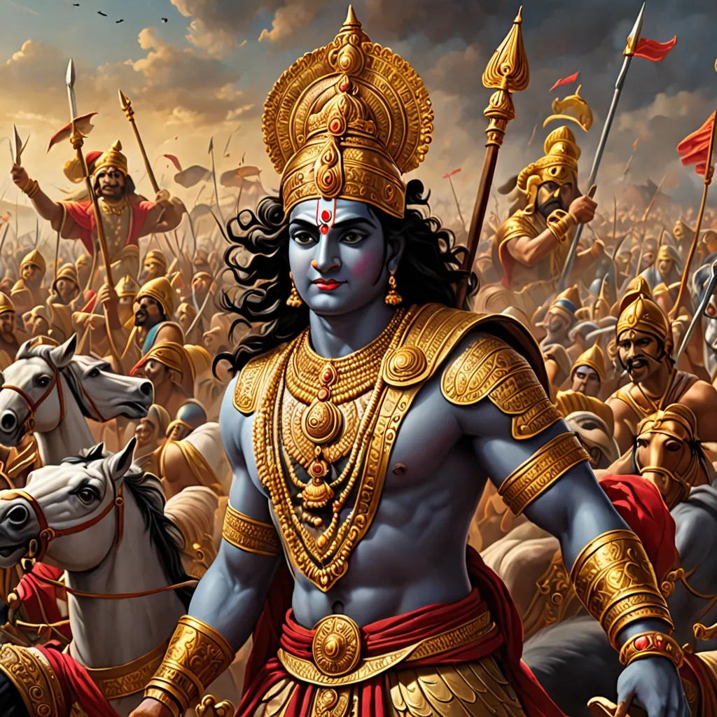 a painting of a man in a golden outfit surrounded by other men in armor and horses in the background, Bholekar Srihari, samikshavad, a detailed painting, highly detailed digital painting