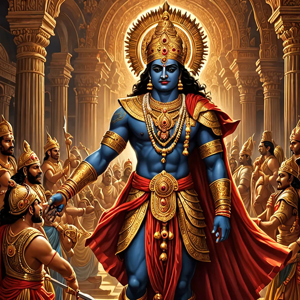 a painting of a man in a golden outfit with a sword in his hand and other men in costume around him, Bholekar Srihari, fantasy art, a detailed painting, highly detailed digital painting