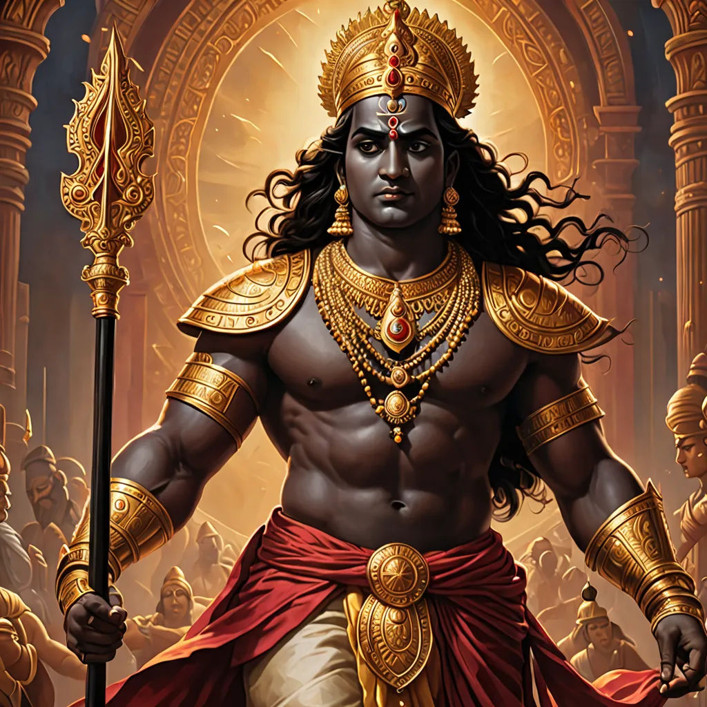 a painting of a man with a sword and a crown on his head and body, standing in front of a golden background, Bholekar Srihari, samikshavad, a detailed painting, highly detailed digital painting