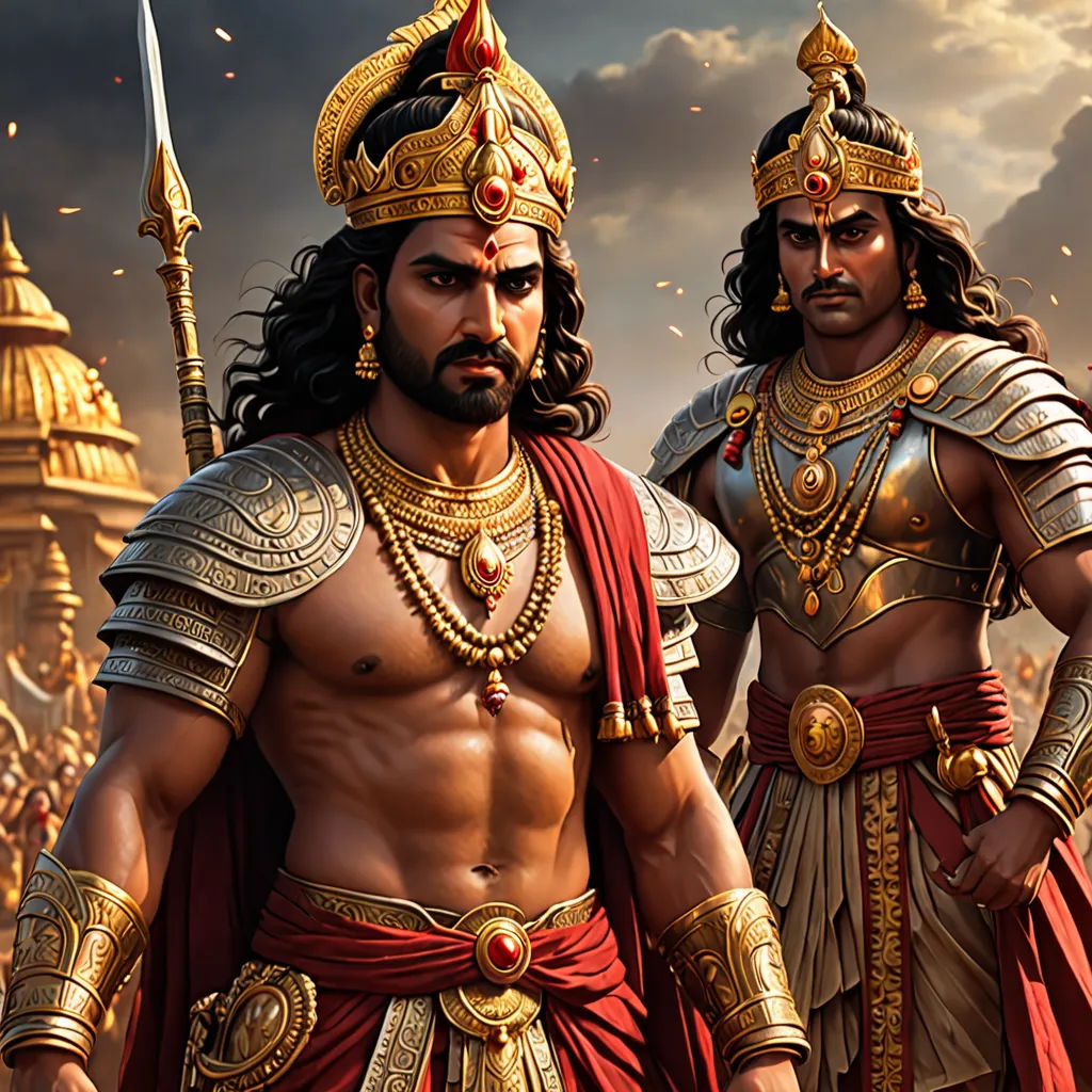 two men dressed in ancient costumes standing next to each other in front of a cityscape with a sky background, Bholekar Srihari, samikshavad, a detailed matte painting, highly detailed digital painting