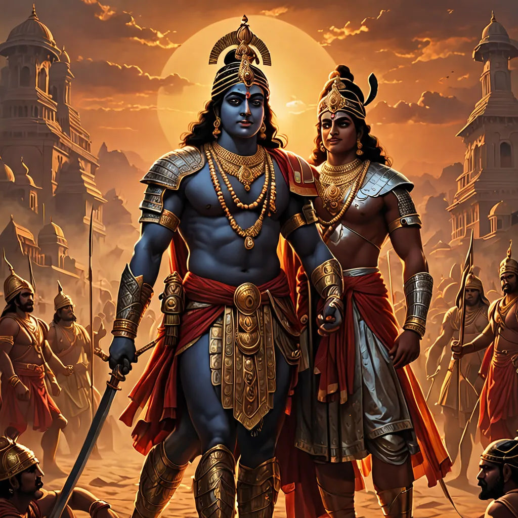a painting of two men dressed in indian costumes standing in front of a sunset with a temple in the background, Brothers Hildebrandt, bengal school of art, a detailed painting, highly detailed digital painting