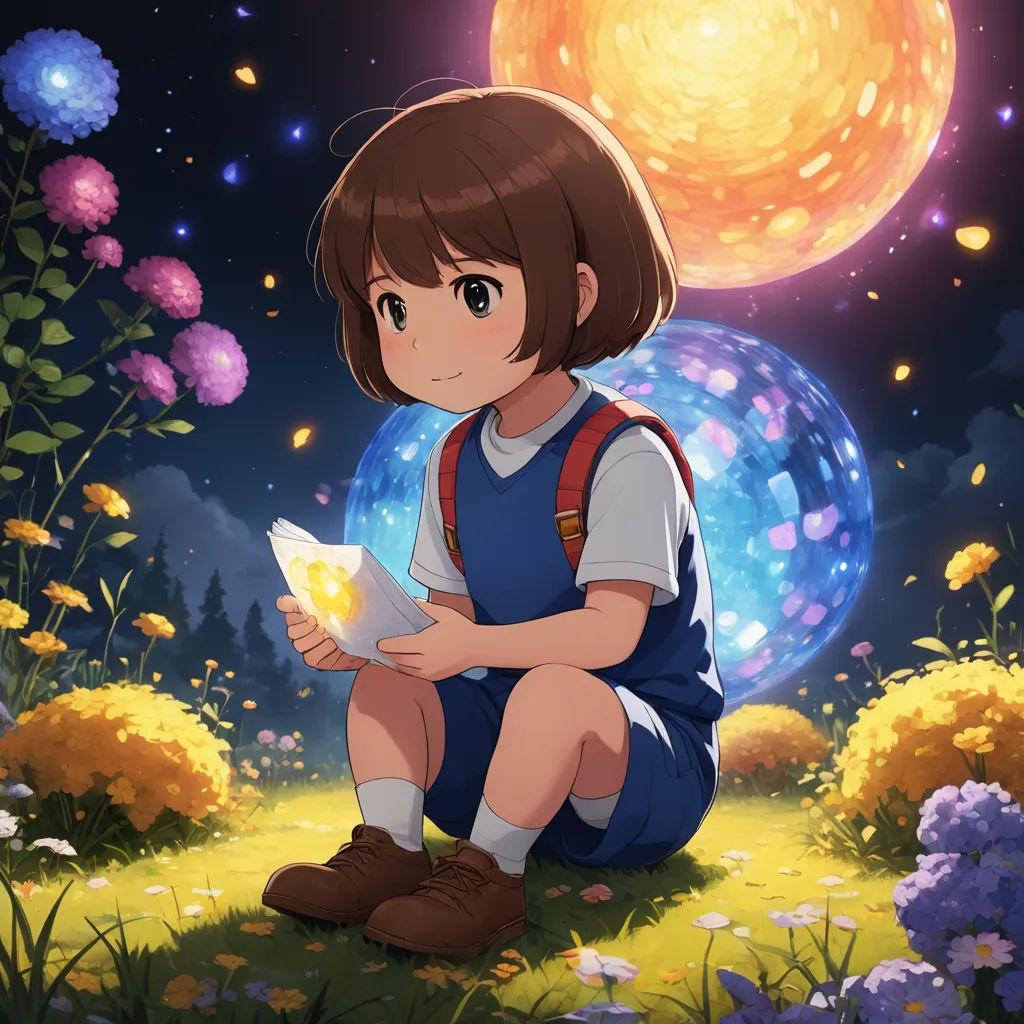 a girl sitting on the ground reading a book in front of a full moon and flowers with a sky background, space art, an album cover, artist, official art