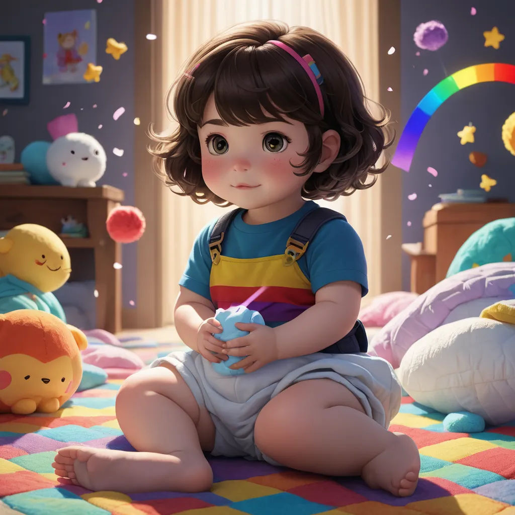 a little girl sitting on a bed with stuffed animals around her and a rainbow wallpaper behind her and a teddy bear, photorealism, a detailed painting, Artgerm, rossdraws global illumination