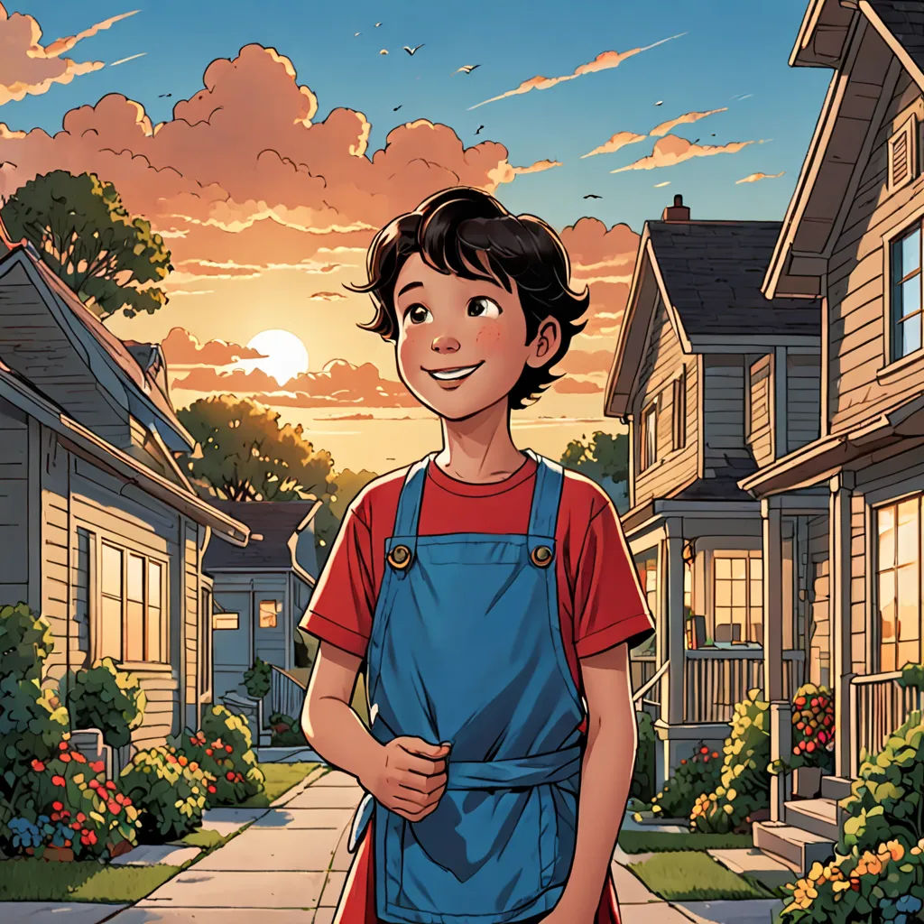 a boy in a blue apron standing in front of a house with a sunset in the background and a bird flying over the house, Cliff Childs, private press, a comic book panel, comic cover art