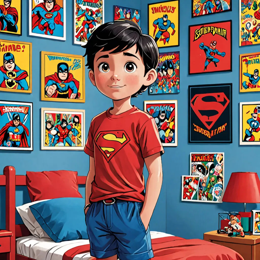 a boy standing in a bedroom with a superman poster on the wall behind him and a bed with a red blanket, Everett Warner, lyco art, a comic book panel, comic cover art