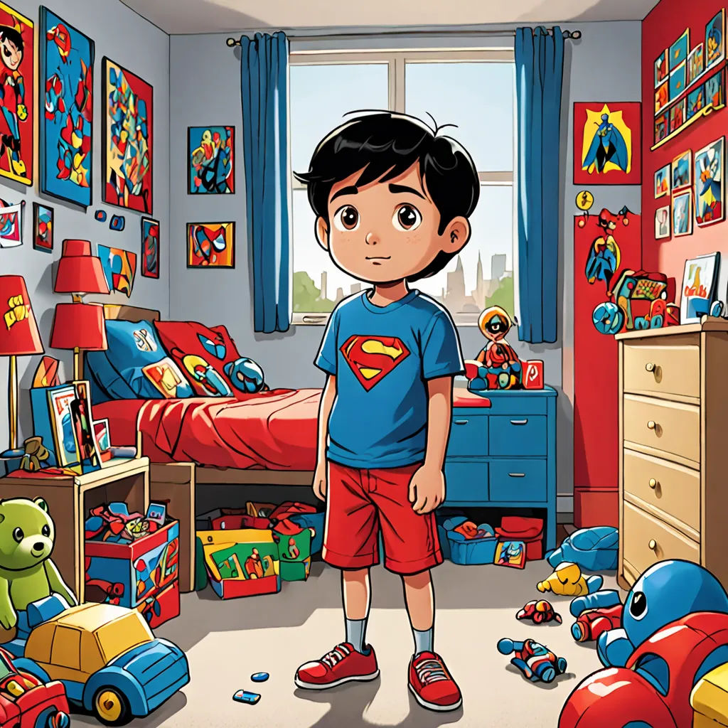 a boy standing in a bedroom with toys all around him and a bed in the background with a superman t - shirt on, Diego Gisbert Llorens, lyco art, a comic book panel, promotional image