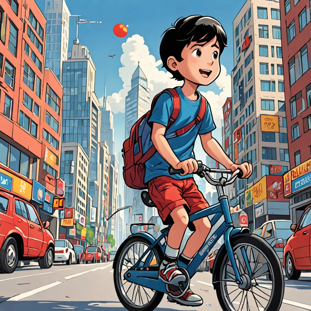 a boy riding a bike down a city street with a backpack on his back and a backpack on his shoulder, Asaf Hanuka, lyco art, a comic book panel, yukito kishiro