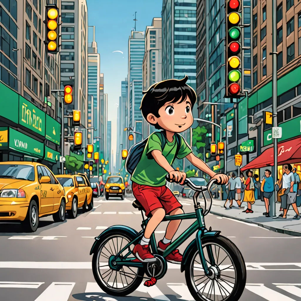 a boy riding a bike down a busy city street with traffic lights and pedestrians in the background, in a cartoon style, Asaf Hanuka, lyco art, a comic book panel, yukito kishiro