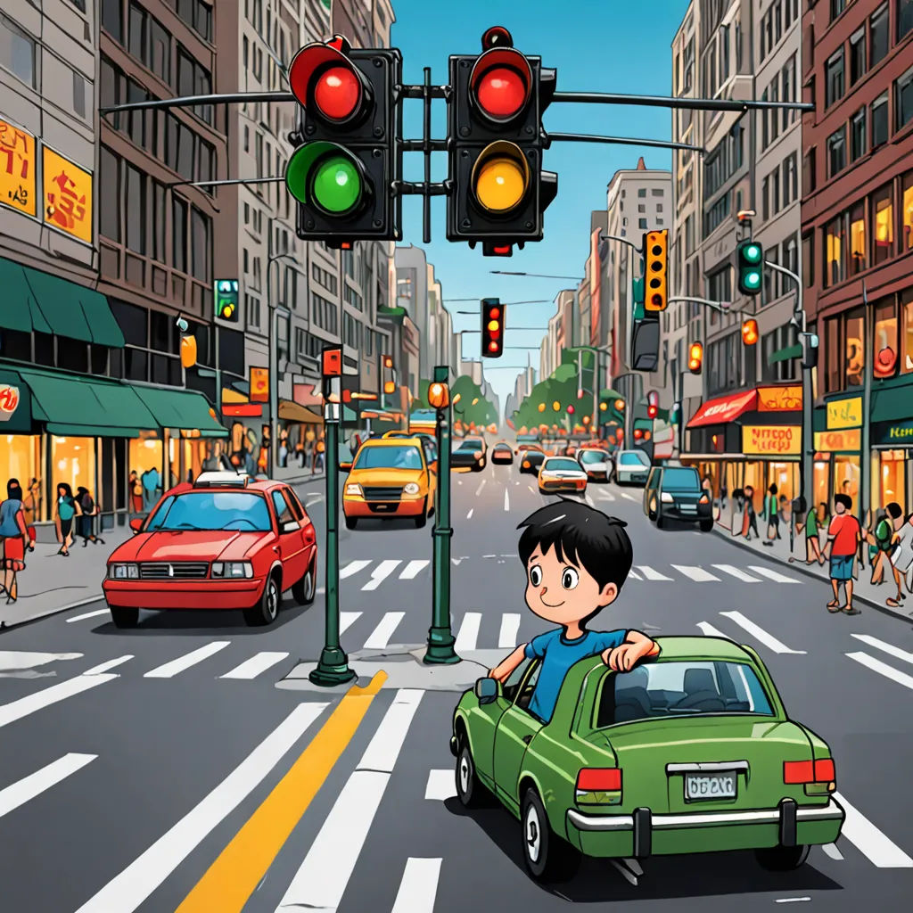 a cartoon of a boy driving a car through a city intersection with traffic lights and pedestrians on the sidewalk, Asaf Hanuka, american scene painting, a storybook illustration, city background