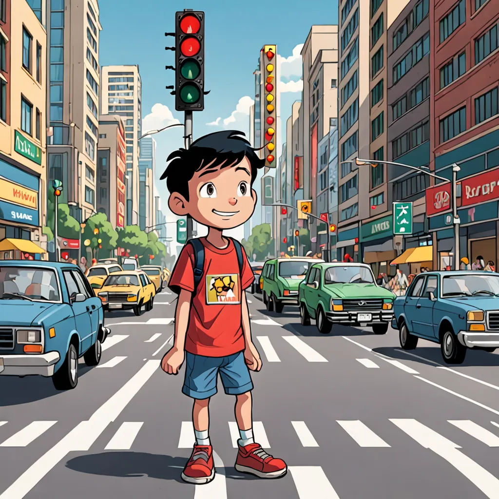 a boy standing in the middle of a busy city street with traffic lights and cars on the street and buildings, Asaf Hanuka, lyco art, a comic book panel, graphic novel